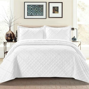Couvre-lit matelassé en relief à carreaux de tombola, couvre-lit avec 2 taies d'oreiller, 3 pièces Blanc