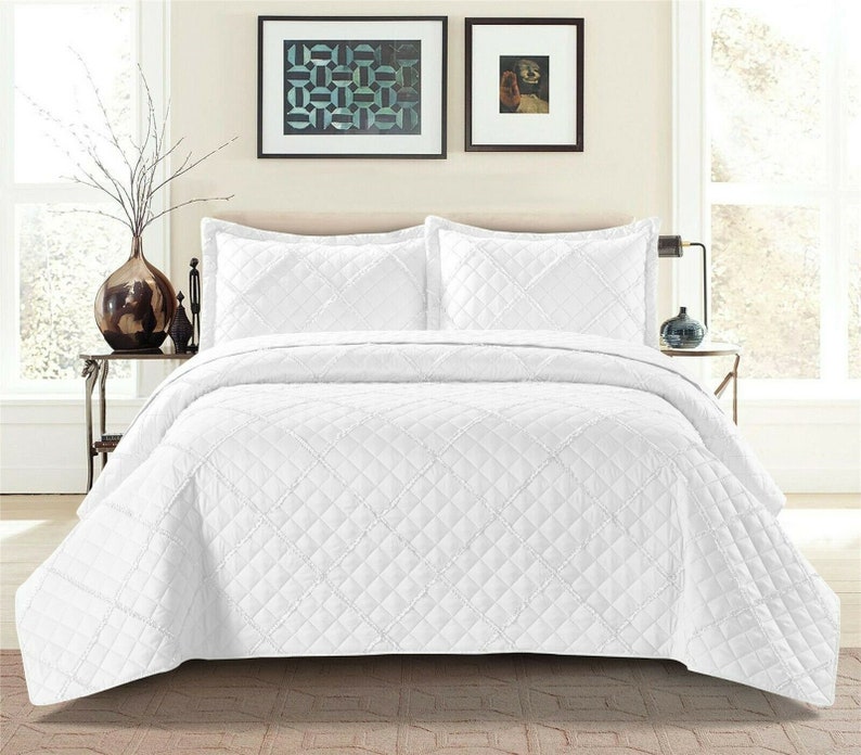 Couvre-lit matelassé en relief à carreaux de tombola, couvre-lit avec 2 taies d'oreiller, 3 pièces Blanc