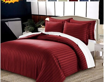 Luxury Satin Stripe Duvet Quilt Cover Bedding Set Double King Size W Pillowcases