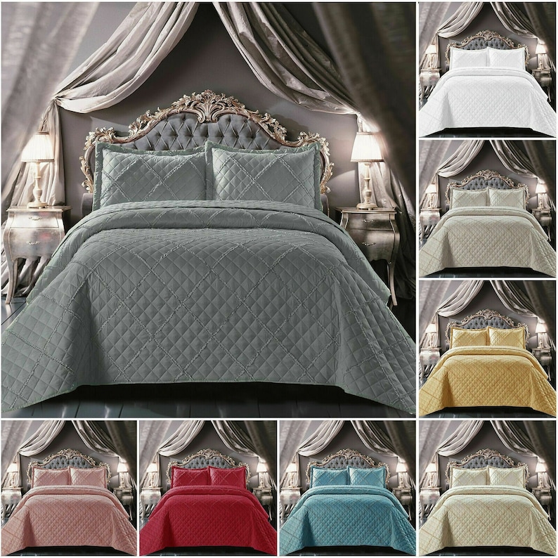 Couvre-lit matelassé en relief à carreaux de tombola, couvre-lit avec 2 taies d'oreiller, 3 pièces image 1