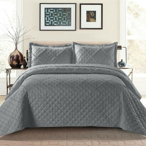 Couvre-lit matelassé en relief à carreaux de tombola, couvre-lit avec 2 taies d'oreiller, 3 pièces Gris