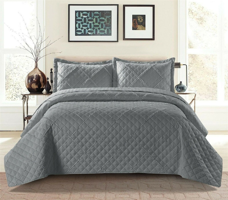 Couvre-lit matelassé en relief à carreaux de tombola, couvre-lit avec 2 taies d'oreiller, 3 pièces Gris