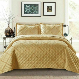 Couvre-lit matelassé en relief à carreaux de tombola, couvre-lit avec 2 taies d'oreiller, 3 pièces Mustard