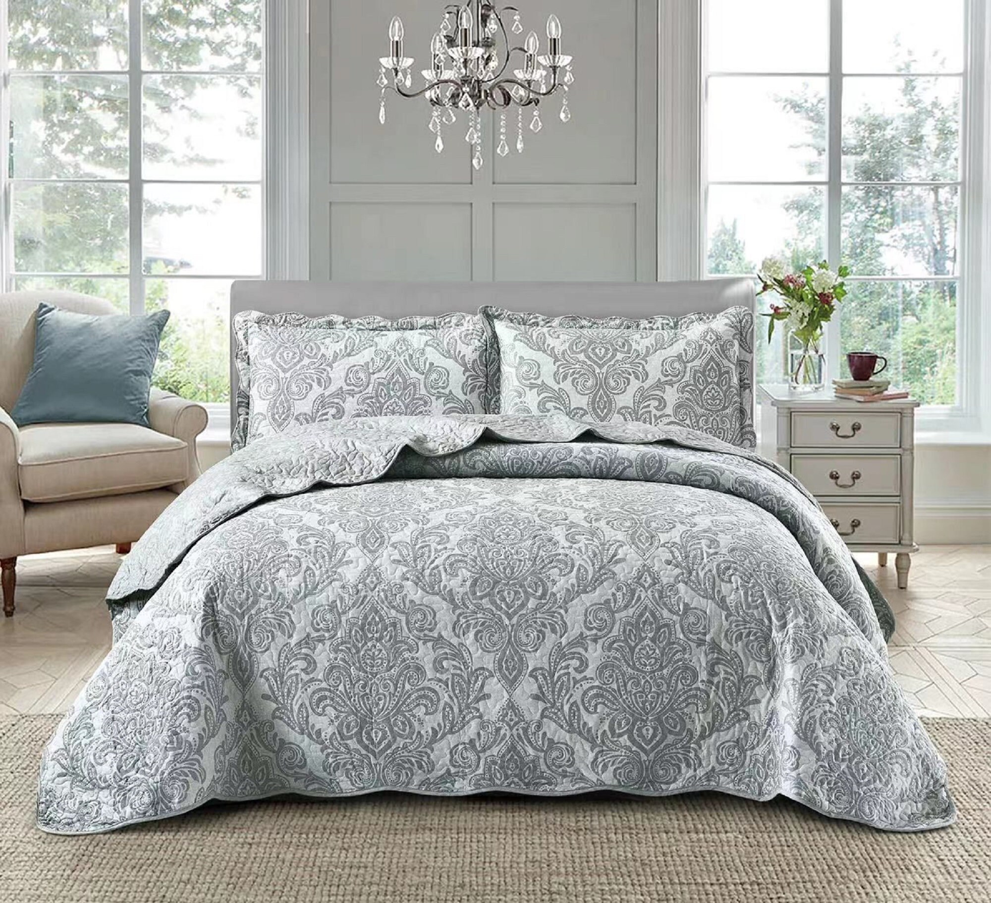 thumbnail interactive-video image 1 of Collections Etc Andrea Blue Yellow And White Floral Patchwork Ruffle Skirt Lightweight Bedspread King Review 1 of 11