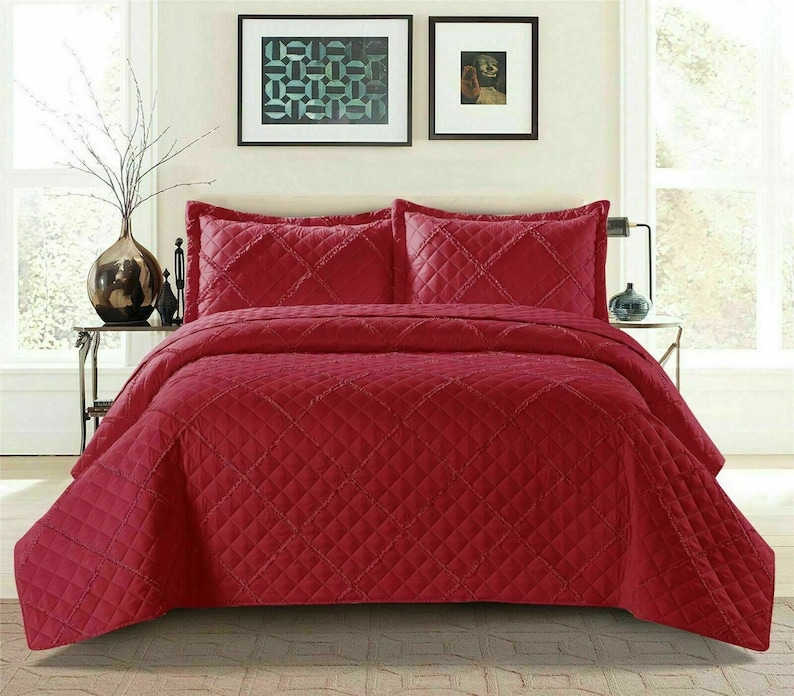 Couvre-lit matelassé en relief à carreaux de tombola, couvre-lit avec 2 taies d'oreiller, 3 pièces Rouge