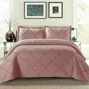 Couvre-lit matelassé en relief à carreaux de tombola, couvre-lit avec 2 taies d'oreiller, 3 pièces Rose