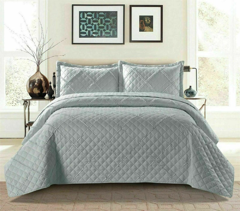 Couvre-lit matelassé en relief à carreaux de tombola, couvre-lit avec 2 taies d'oreiller, 3 pièces Argent