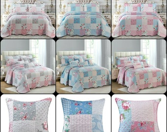 New Floral Patchwork Quilt Bedspread Bedding Set with Cushion Cover in all Sizes