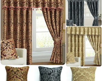 Heavy Jacquard Ready Made Long Wide Pencil Pleat Fully Lined Curtains Panel Pair 