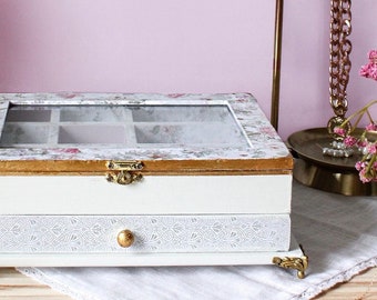 Floral Wooden Jewelry Box in White and pastels - Boho Chic Storage with Gold Accents - Hand Painted Shabby Chic Jewelry Box