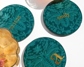Custom Bee Coaster, Emerald Green Personalized Round Coasters, Unique Drink Bar Gift For Her, Gold Letter, Name, Date Wedding Aesthetic Gift
