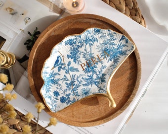 Ginkgo Leaf Blue Toile Jewelry Dish - Handcrafted Resin Tray with Gold Touch, Multipurpose Vanity Organizer, Floral Bird Toile
