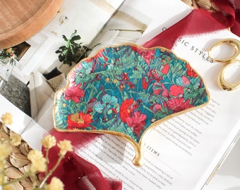 Art Nouveau Teal Floral Ginkgo Leaf Jewelry Dish - Handcrafted Resin Tray with Gold Touch, Multipurpose Vanity Organizer