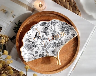 Ginkgo Leaf Black And White Toile Jewelry Dish - Handcrafted Resin Tray with Gold Touch, Multipurpose Vanity Organizer, Floral Bird Toile