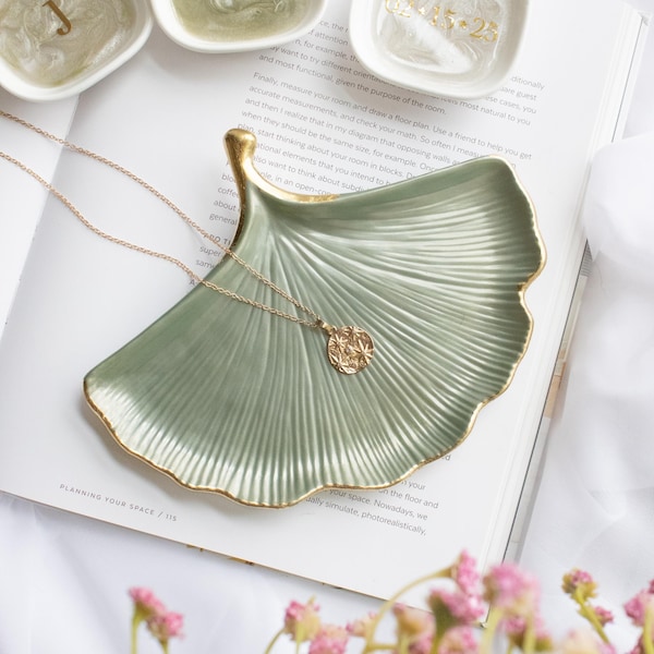 Sage Green Ginkgo Leaf Resin Jewelry Dish: Handmade Art Nouveau Vanity Tray