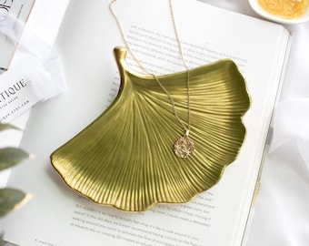 Ginkgo Leaf Jewelry Dish In Olive Green- Handcrafted Resin Tray with Gold Leaf, Multipurpose Vanity Organizer For Her, Catchall Trinket Dish