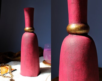 Hand Painted 13" Pink Textured  Cone Glass Vase with Gold Accent, Jewel Tone And Maximalist Decor Pink Vase