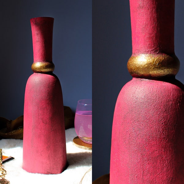 Hand Painted 13" Pink Textured  Cone Glass Vase with Gold Accent, Jewel Tone And Maximalist Decor Pink Vase