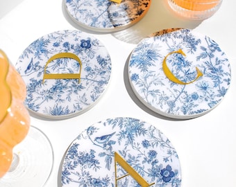 Custom Floral Monogram Personalized 4” Round Coasters, Blue & White Drink Bar Coasters, Gold Letter, Name, Date Wedding Aesthetic Gift