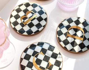 Custom Checkered Monogram Personalized 4” Round Coasters, Black And White Drink Bar Coasters, Gold Letter, Name, Date Wedding Aesthetic Gift