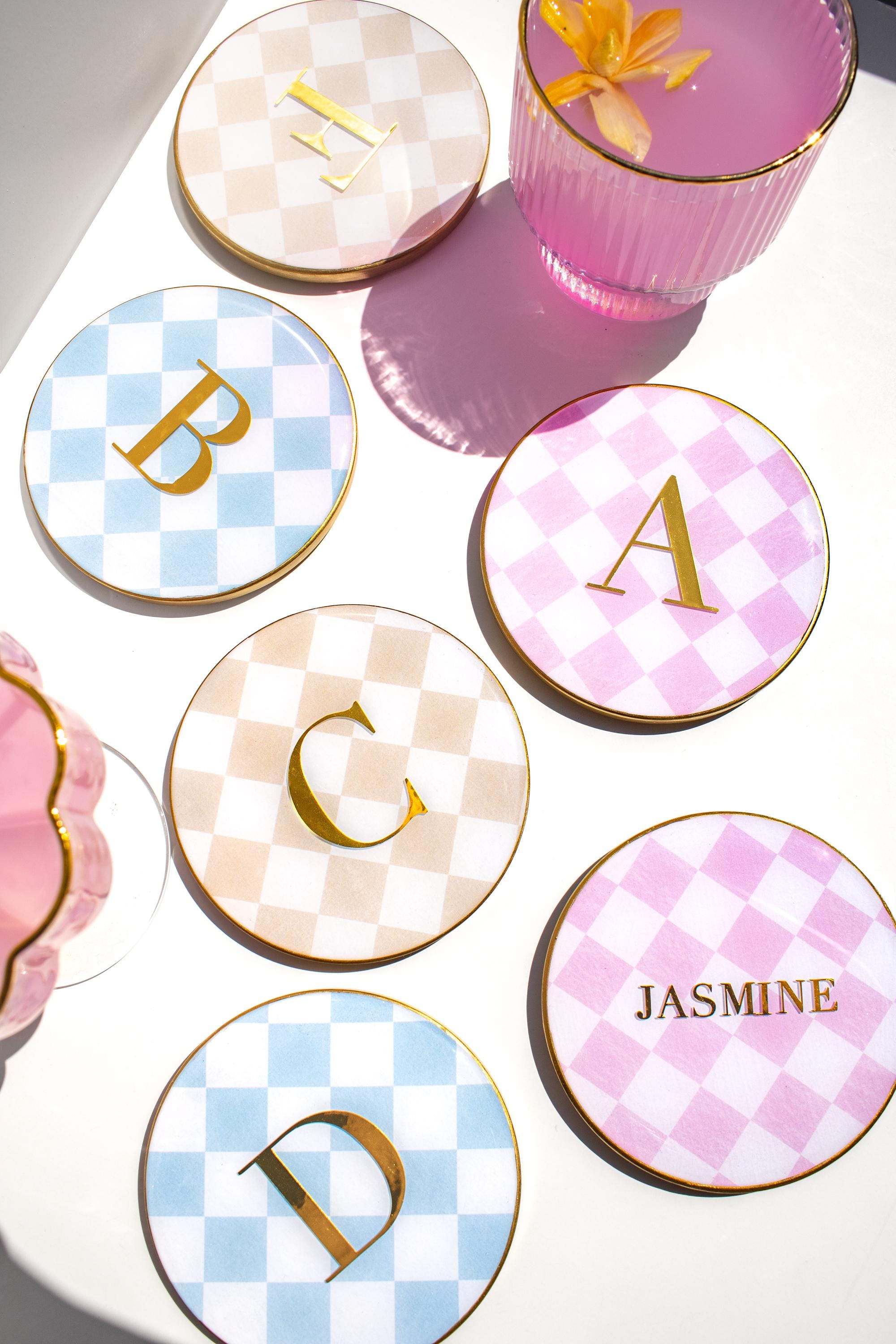 Custom Checkered Monogram Personalized 4” Round Coasters, Pastel Color Drink Bar Coasters, Gold Letter, Name, Date Wedding Aesthetic Gift