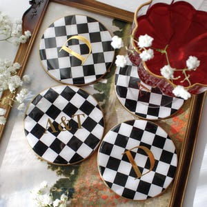 Personalized Black And White Checkered 4” Ceramic Coasters: Custom Initials, Name, Date, Resin Finish