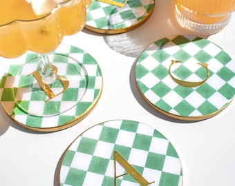 Custom Checkered Monogram Personalized 4” Round Coasters, Green And White Drink Bar Coasters, Gold Letter, Name, Date Wedding Aesthetic Gift