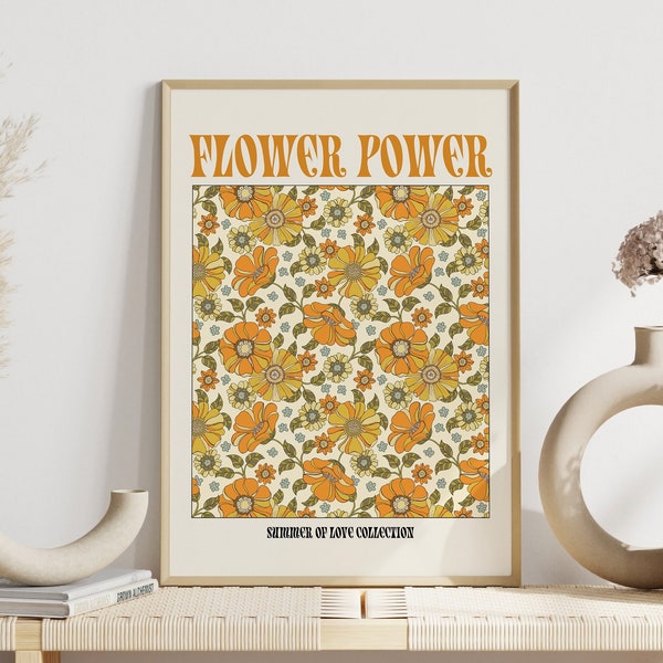 70s Art, 1970s floral print, Flower Power Print, 70s Decor, Retro Aesthetic, Retro Room Decor, Retro Art, Orange Flowers Print