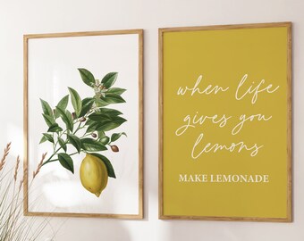 When Life Gives You Lemons, Kitchen Prints Set of 2, Yellow Kitchen Wall Art, Kitchen Quote, Vintage Lemon Print, Modern Kitchen Art