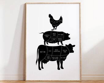 Vegan Print, Vegan Kitchen Art, Kitchen Wall Art, Animal Print, Humane Butcher Diagram, Kitchen Print, Digital Art, Vegan Printable