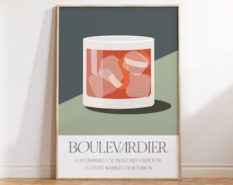 Boulevardier Cocktail Print, Retro Cocktail Poster, Bar Cart Decor, Retro Bar Cart Print, Cocktail Prints, Mid Century Modern Art