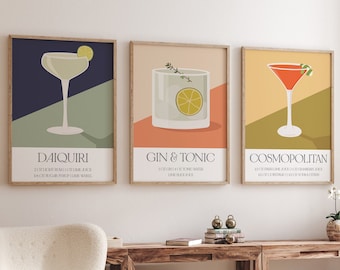 Retro Cocktail Prints Set of 3, Colourful Bar Decor, Cocktail Posters, Retro Aesthetic, Bar Cart Decor, Cocktail Art, Mid Century Modern Art