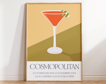 Cosmopolitan Cocktail Print, Colourful Bar Cart Decor, Retro Cocktail Posters, Digital Download, Bar Printable Art, Mid Century Modern Bar