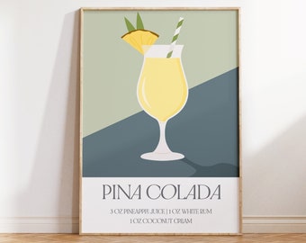 Pina Colada Cocktail Poster, Retro Cocktail Print, Colourful Bar Decor, Retro Bar Cart Print, Cocktail Prints, Mid Century Modern Wall Art