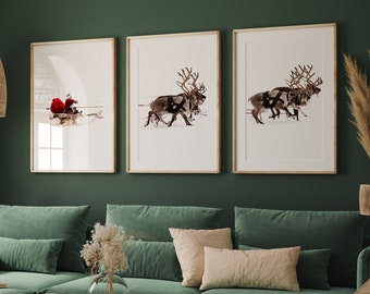 Santa and Reindeer Prints - Christmas Home Decor - Santa Clause Sleigh Print - Holiday Decor - Christmas Art Prints - Christmas Printable