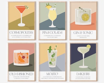 Cocktail Print 6er Set, Bunte BarWagen Dekor, Retro Cocktail Poster, Digitaler Download, Druckbare Kunst, Mid Century Modern Bar Dekor