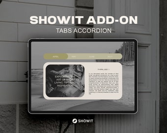 May include: A computer screen displaying a website with a tabbed accordion menu. The tabs are labeled "April", "May", "June", and "July". The content of the "April" tab is a blog post titled "Exploring the Art of Slow Living: Tips and Inspiration". The website is powered by Showit.