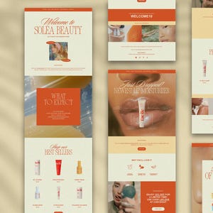 Email templates for Flodesk with matching Canva graphics, designed for skincare and beauty brands. Includes welcome, sale, and launch emails.