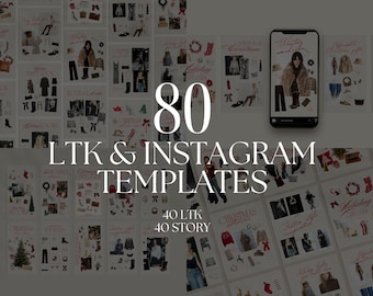 May include: A collection of 80 LTK & Instagram templates, including 40 LTK and 40 story templates. The templates feature fashion and holiday themes, with the text "Holiday" and "Christmas" visible. A smartphone displays a "Winter wardrobe" template.