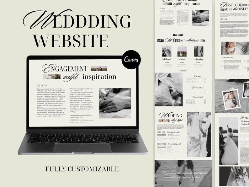May include: A laptop screen displaying a website template for a wedding website. The website includes sections for engagement outfit inspiration, wedding collections, and wedding day tips. The text "WEDDING WEBSITE" is displayed in a large, decorative font at the top of the screen.