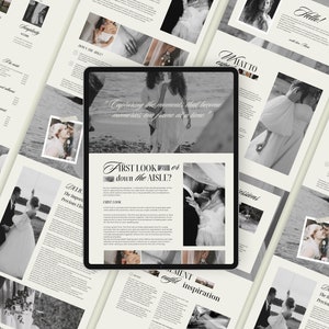 May include: A digital tablet screen displaying a wedding photography guide with the title "First Look or Down the Aisle?" The guide includes information about capturing the first look, the importance of the bride's dress, and other wedding photography tips.