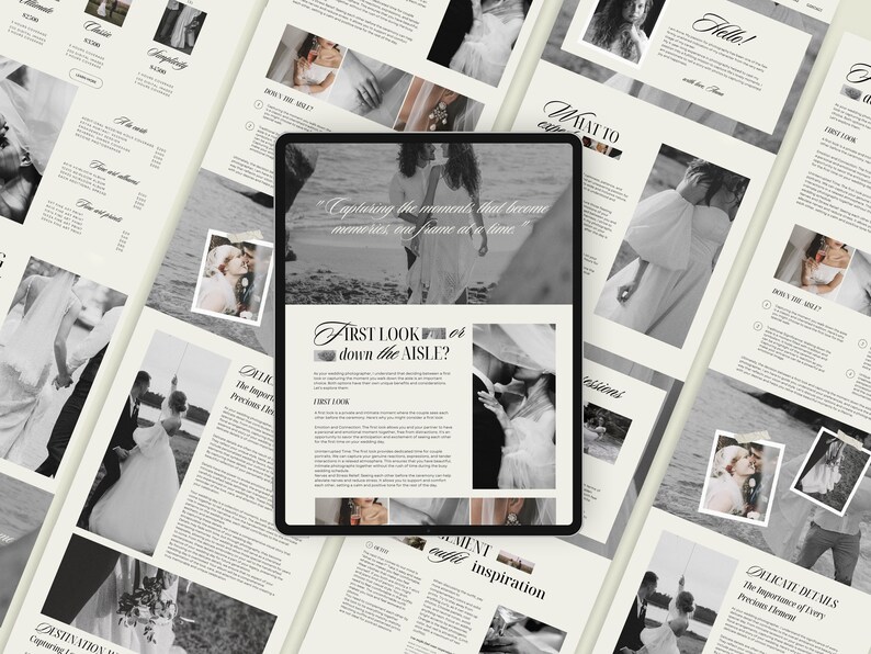 May include: A digital tablet screen displaying a wedding photography guide with the title "First Look or Down the Aisle?" The guide includes information about capturing the first look, the importance of the bride's dress, and other wedding photography tips.