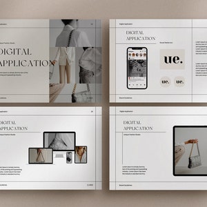 May include: Four slides from a digital application presentation for a fashion brand. The slides feature a white background with black text and images of clothing, accessories, and a phone screen displaying a social media feed. The brand name "ue." is displayed in black text on a white background.