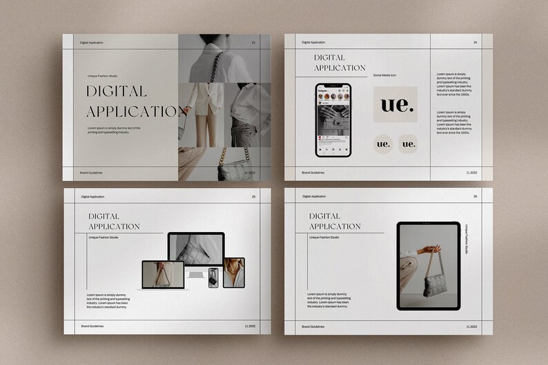 May include: Four slides from a digital application presentation for a fashion brand. The slides feature a white background with black text and images of clothing, accessories, and a phone screen displaying a social media feed. The brand name "ue." is displayed in black text on a white background.