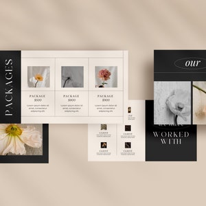 May include: A black and white image of a flower with the text "our PORTFOLIO" and "WORKED WITH" in white text.  The text "PACKAGES" is in white text on a black background.  Three packages are listed with prices of $500, $800, and $900.