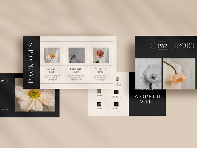 May include: A black and white image of a flower with the text "our PORTFOLIO" and "WORKED WITH" in white text.  The text "PACKAGES" is in white text on a black background.  Three packages are listed with prices of $500, $800, and $900.
