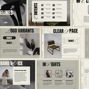 May include: A presentation slide deck with the title "Brand Guidelines" and a logo that says "Scarlet". The presentation includes sections on logo variants, brand voice, insights, and messaging.