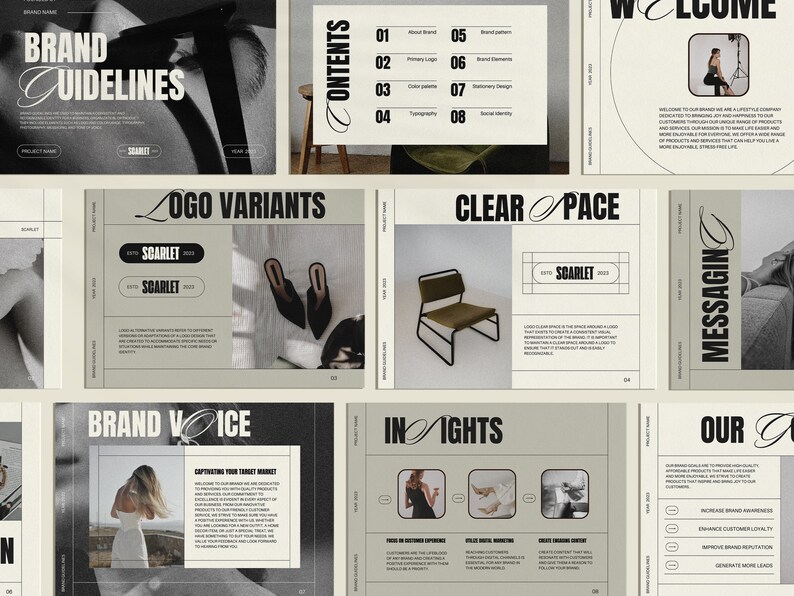 May include: A presentation slide deck with the title "Brand Guidelines" and a logo that says "Scarlet". The presentation includes sections on logo variants, brand voice, insights, and messaging.