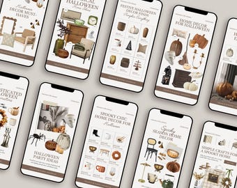 May include: A collection of smartphones displaying Halloween-themed home decor ideas. The screens showcase various items like pumpkins, skulls, and decorative accents, with text overlays such as "Halloween Decor Must-Haves" and "Spooky Chic Home Decor."