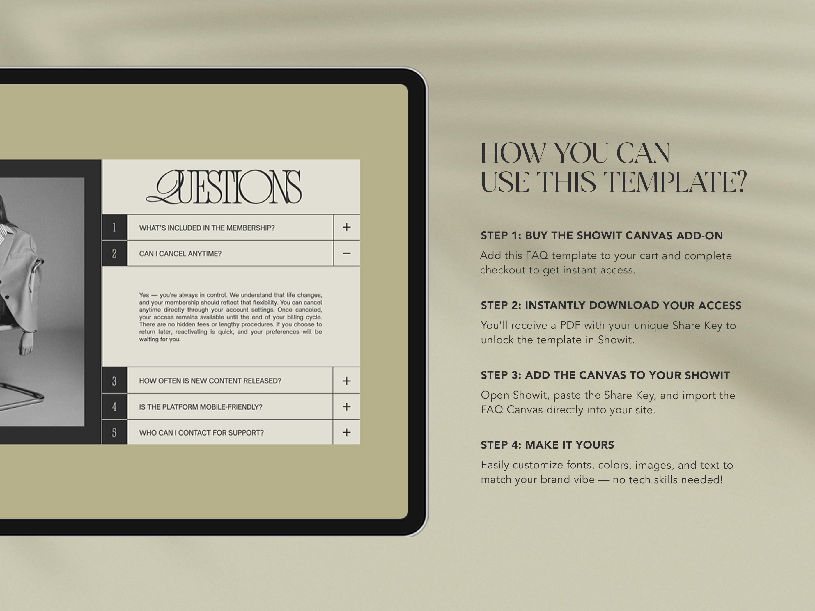 Editable Showit FAQ Accordion Canvas Template | Custom Add-on Section ...